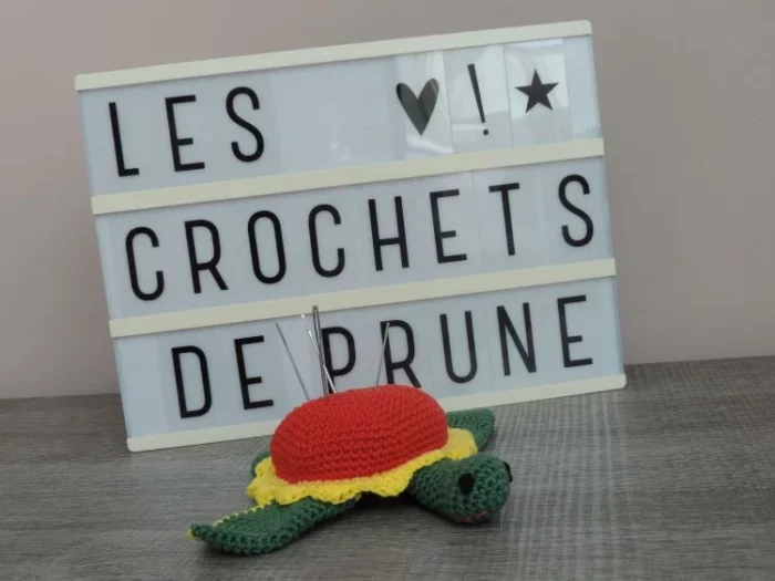 Les Crochets de Prune -tortue à aiguilles jaune rouge verte2