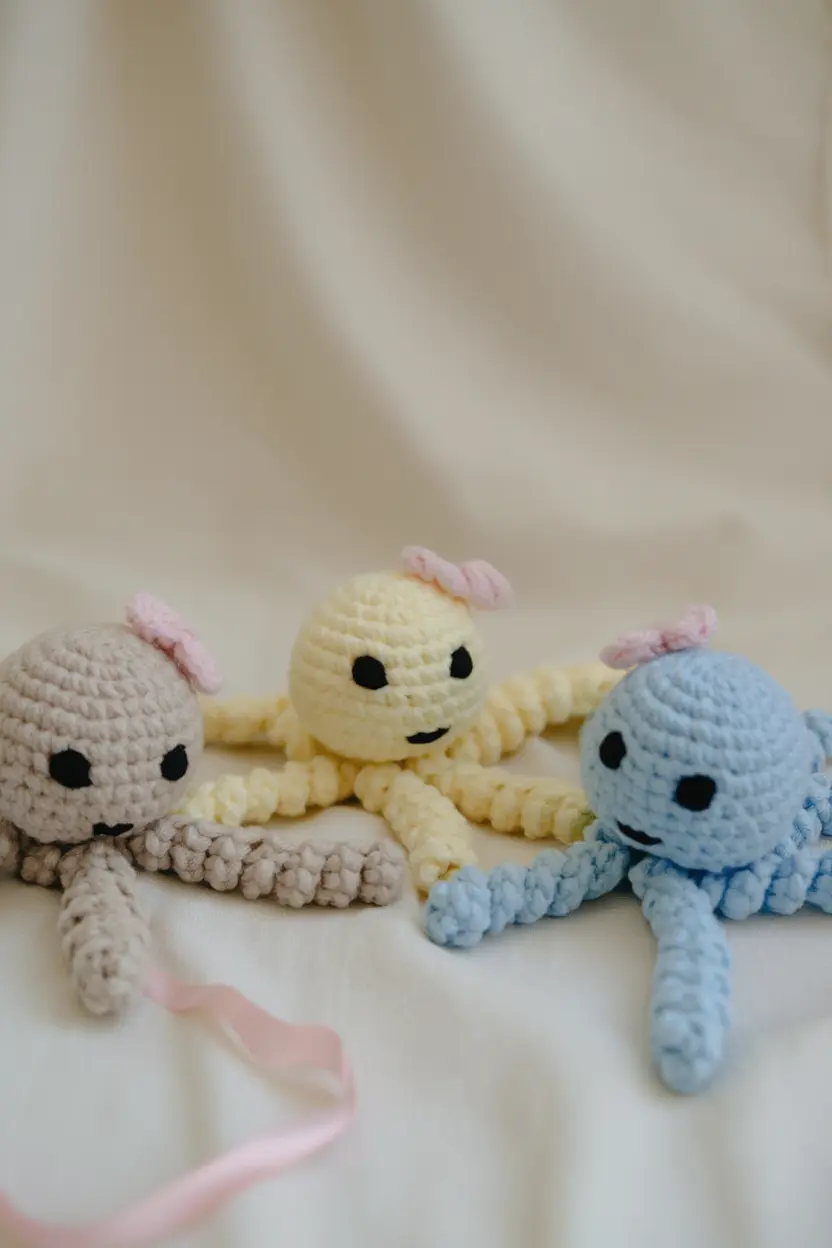 Petite pieuvre d’allaitement crochetée, trio amigurumi coloré (gris clair, jaune et bleu) avec ruban rose, visages simples et tentacules torsadés.