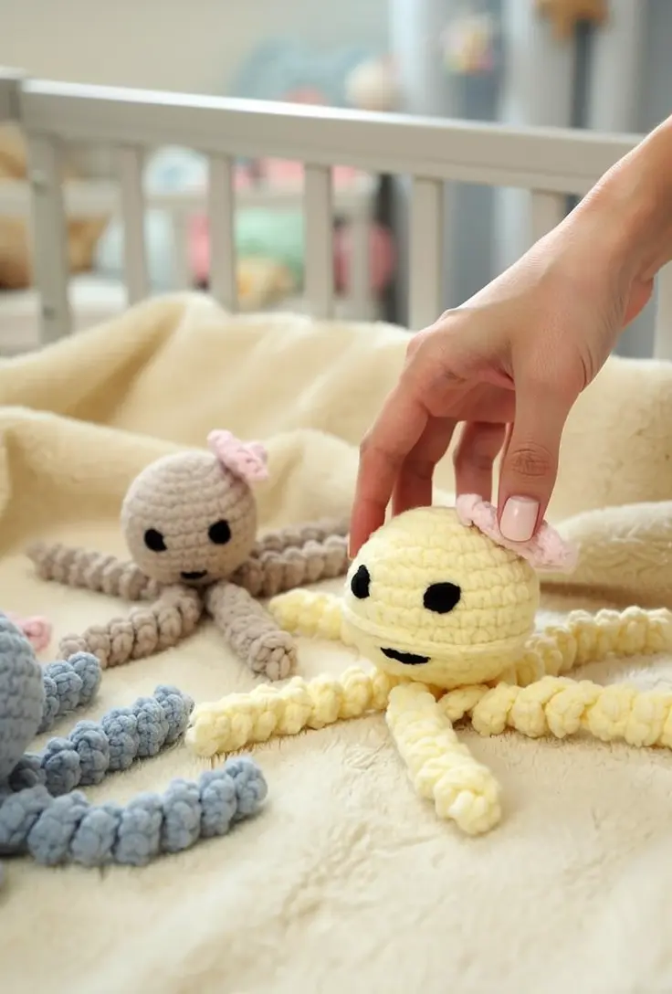 Petite pieuvre d’allaitement au crochet fait main, jouant sur une couverture, visage mâchoires noires et tentacules nouées, main douce touchant la pieuvre jaune, ambiance douce bébé.
