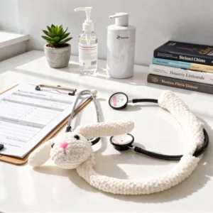 Étui doudou crochet blanc en forme de lapin, avec stéthoscope posé sur une table de médecin, près d’un carnet et de livres.