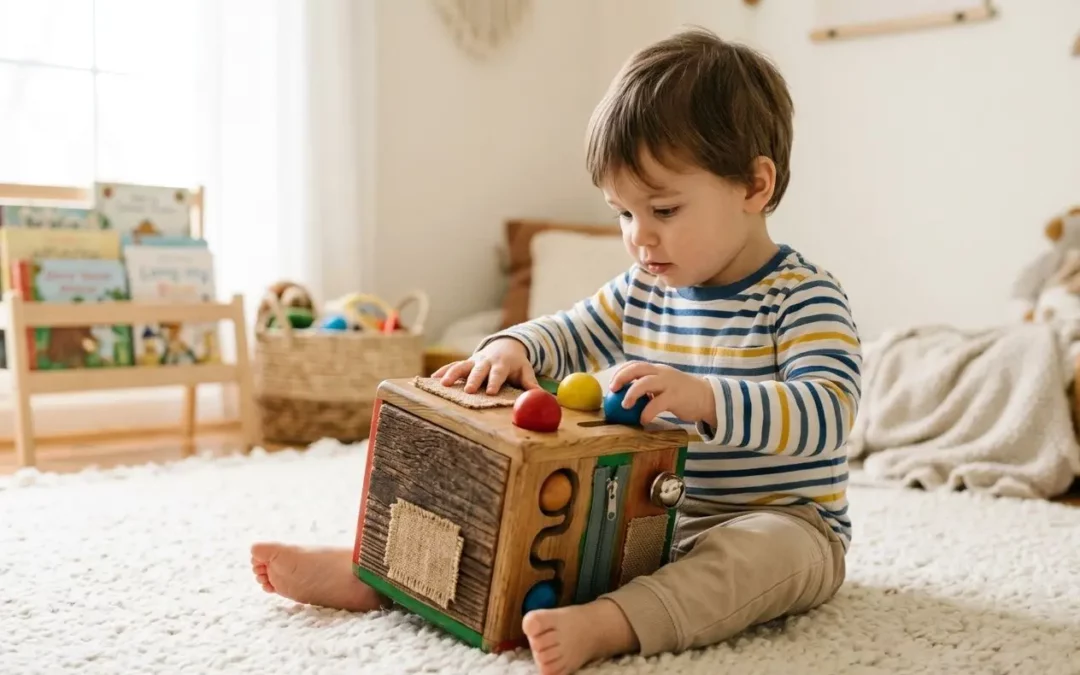 Allaitant enfant assis sur le sol joue avec une boîte sensorielle Montessori, dans une chambre lumineuse. Pédagogie Montessori avantages et inconvénients évoquée dans le contexte.