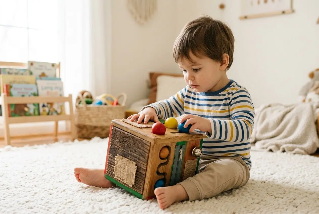Allaitant enfant assis sur le sol joue avec une boîte sensorielle Montessori, dans une chambre lumineuse. Pédagogie Montessori avantages et inconvénients évoquée dans le contexte.