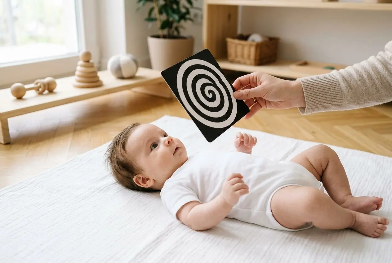 Bébé allongé sur le sol, regardant une carte contraste noir et blanc présentée par une main adulte, dans une pièce lumineuse. Activités Montessori pour l'éveil visuel du nourrisson.
