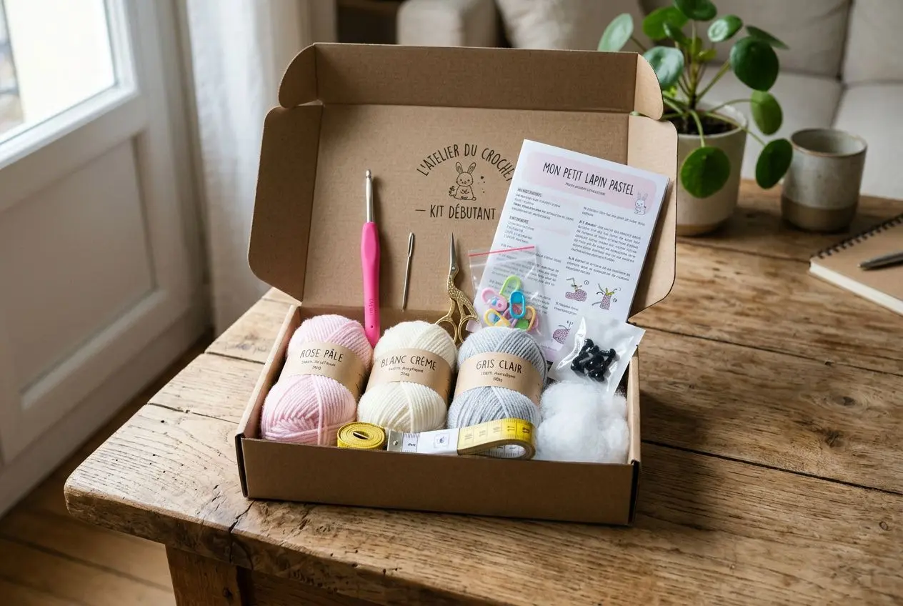 Boîte de kit crochet pour débuter: pelotes, crochet rose, fiche explicative et accessoires inclus. les kits au crochet comment bien les choisir, parfait pour commencer sereinement.