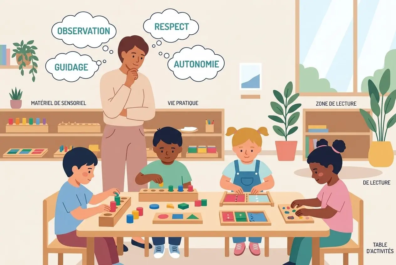 En classe Montessori, un enseignant observe des enfants qui jouent avec des matériaux sensoriels et des puzzles sur une grande table, favorisant l’autonomie et la concentration. comprendre la pédagogie montessori est impliqué ici.