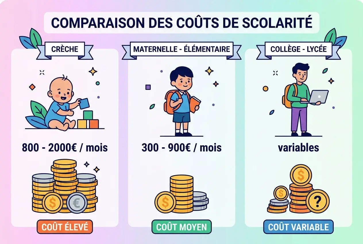 Comparaison des coûts de scolarité: crèche, maternelle-élementaire et collège-lucy: illustration montrant des nourrissons et enfants avec piles de pièces et étiquettes « coût élevé », « coût moyen » et « coût variable » dans un cadre coloré. intégration: les écoles Montessori en France.