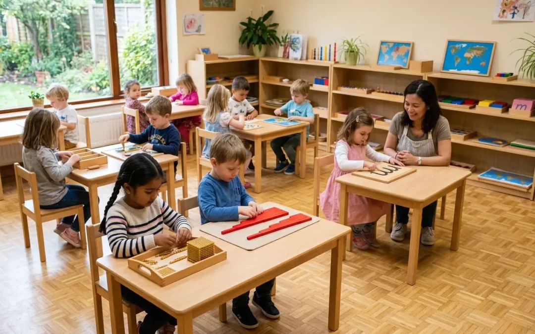 Enfants en classe Montessori, assis à des tables séparées, manipulant du matériel pédagogique avec une enseignante dans une salle lumineuse.