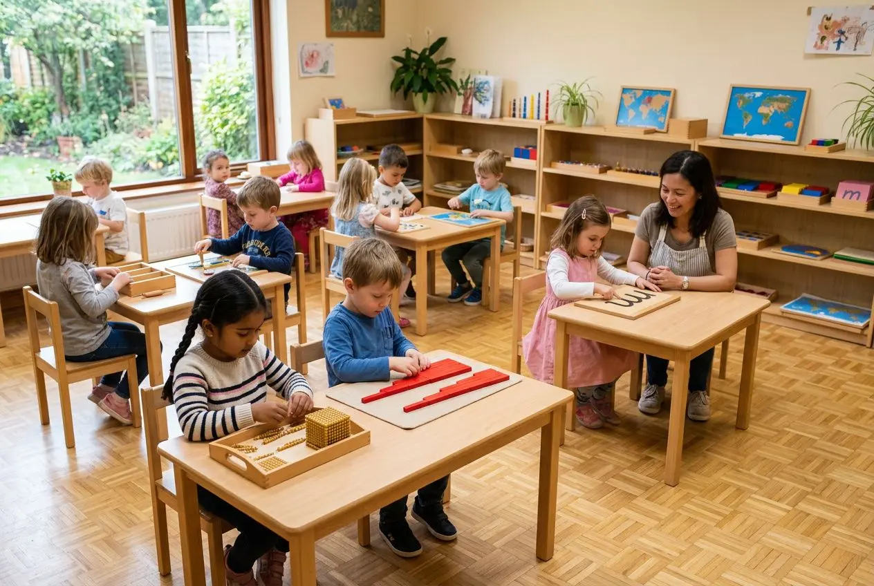 Enfants en classe Montessori, assis à des tables séparées, manipulant du matériel pédagogique avec une enseignante dans une salle lumineuse.