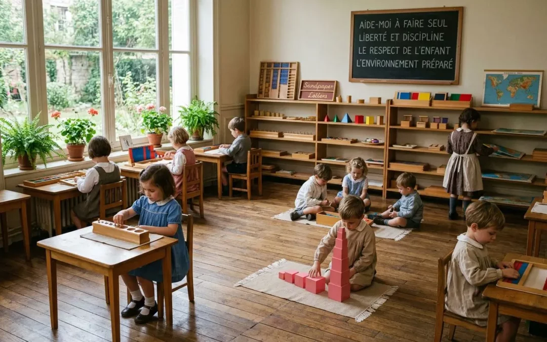 Des enfants dans une classe Montessori, assis ou debout à des tables, manipulant des blocs et du matériel éducatif sur le sol et les étagères, avec un écriteau et un globe en arrière-plan. comprendre la pédagogie montessori est illustré par l'autonomie et l'ordre dans l'espace d'apprentissage.