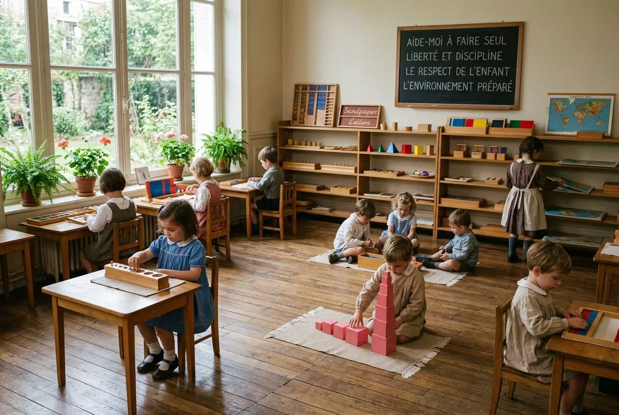 Des enfants dans une classe Montessori, assis ou debout à des tables, manipulant des blocs et du matériel éducatif sur le sol et les étagères, avec un écriteau et un globe en arrière-plan. comprendre la pédagogie montessori est illustré par l'autonomie et l'ordre dans l'espace d'apprentissage.