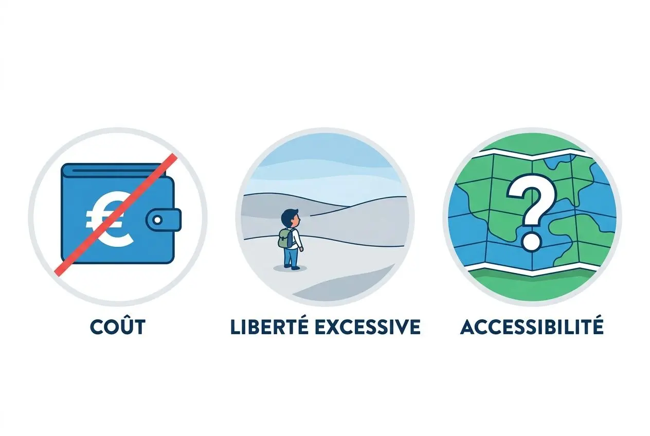 Illustration montrant trois icônes: coût avec portefeuille et euro barré, liberté excessive avec un enfant dans le désert, et accessibilité avec une carte et un point d’interrogation. Pédagogie Montessori avantages et inconvénients.