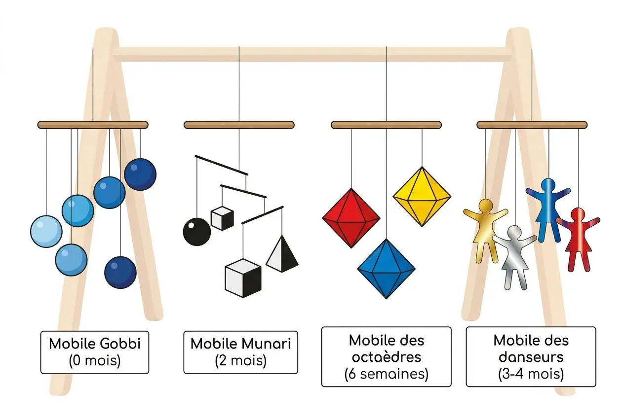 Mobile Montessori avec éléments pendants et formes colorées pour l’éveil visuel du nourrisson (0–4 mois)