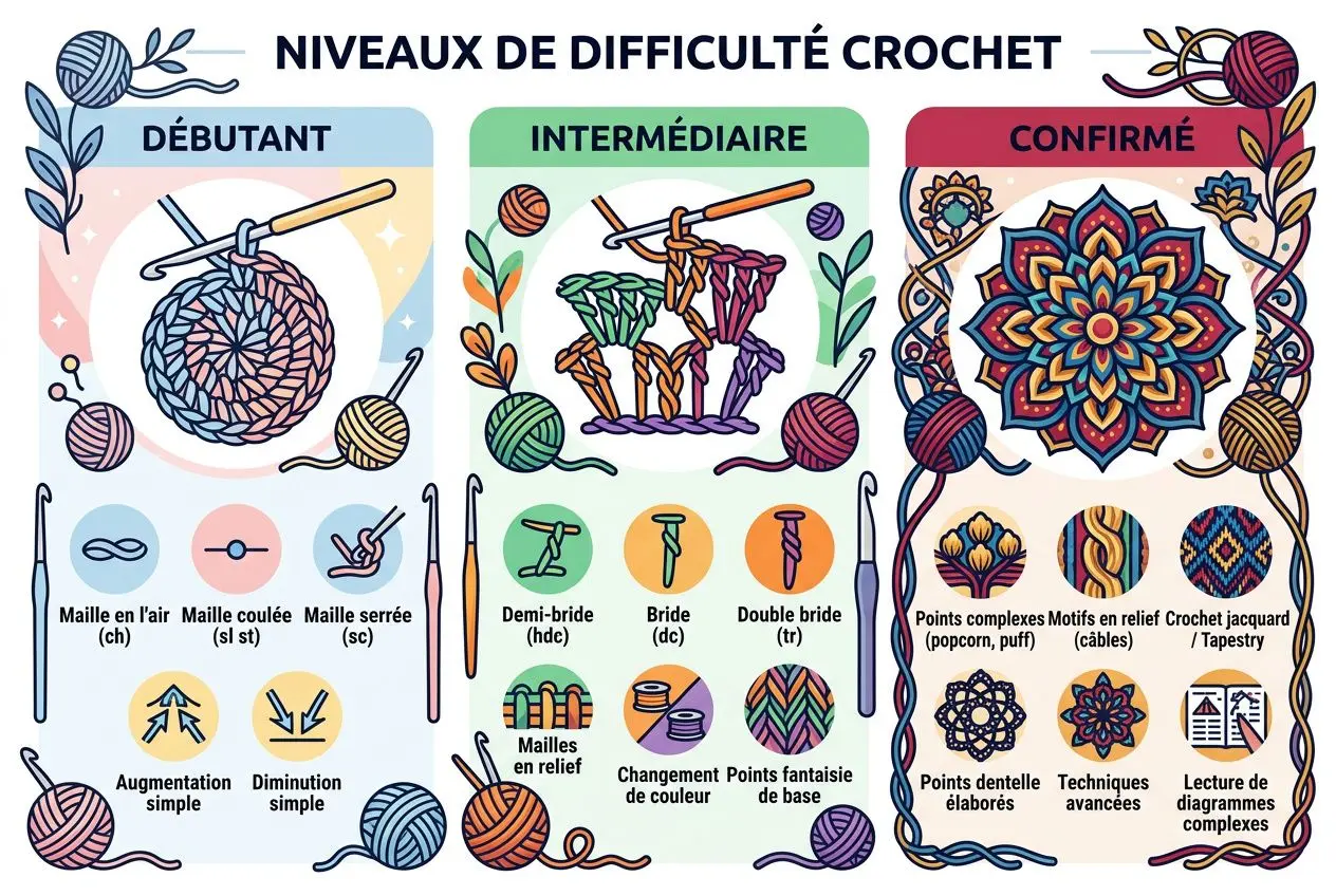 Niveaux de difficulté crochet: débutant, intermédiaire et confirmé illustrés avec des objets et motifs colorés pour apprendre choisir son crochet et projets.