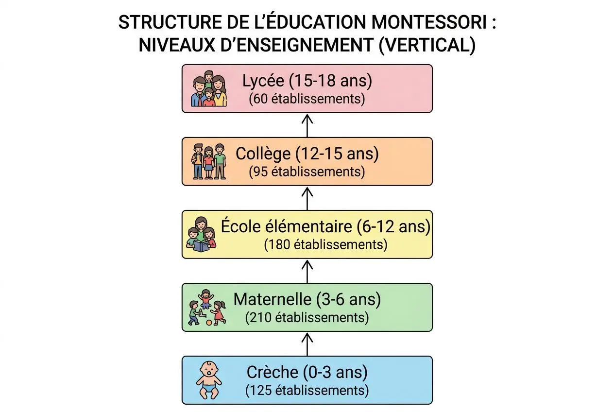 Structure de l’éducation Montessori: niveau allant de Crèche (0-3 ans) à Lycée (15-18 ans), avec les établissements correspondants.