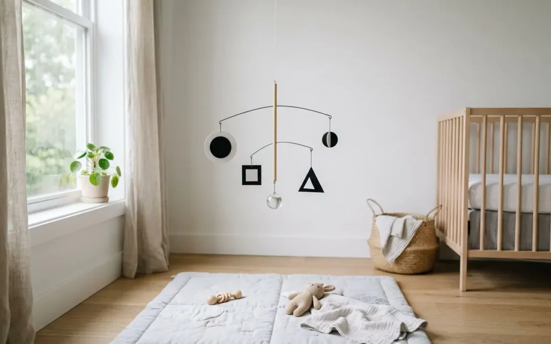 Accessoire de mobile Montessori suspendu au plafond au-dessus d’un tapis d’éveil doux, près du berceau en bois. Siège et plantes à proximité. stimulation bébé montessori.