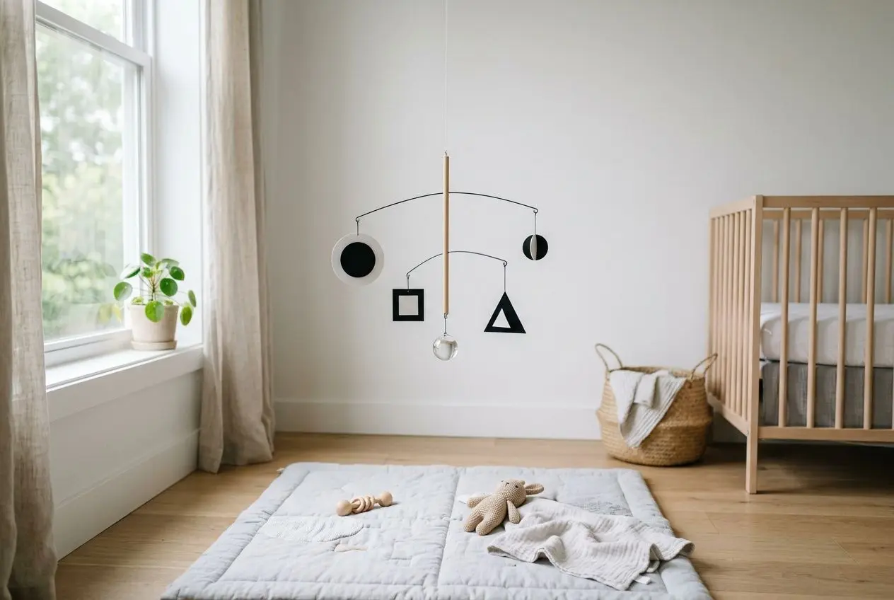 Accessoire de mobile Montessori suspendu au plafond au-dessus d’un tapis d’éveil doux, près du berceau en bois. Siège et plantes à proximité. stimulation bébé montessori.