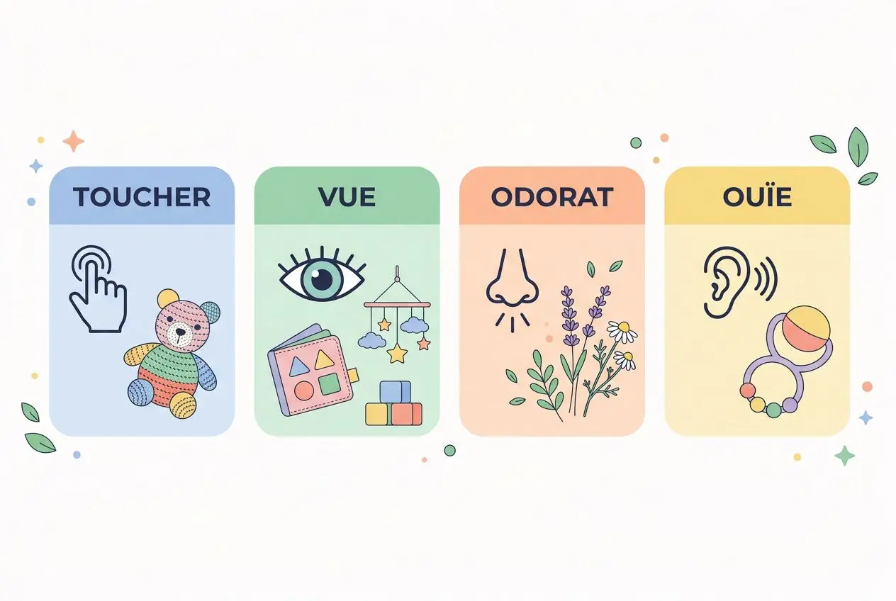 Activités bébé 5 mois : illustration avec quatre colonnes « toucher », « vue », « odorat », « ouïe » et des pictos (main qui touche, berceau et jouets, visage et plantes, oreilles et hochets).