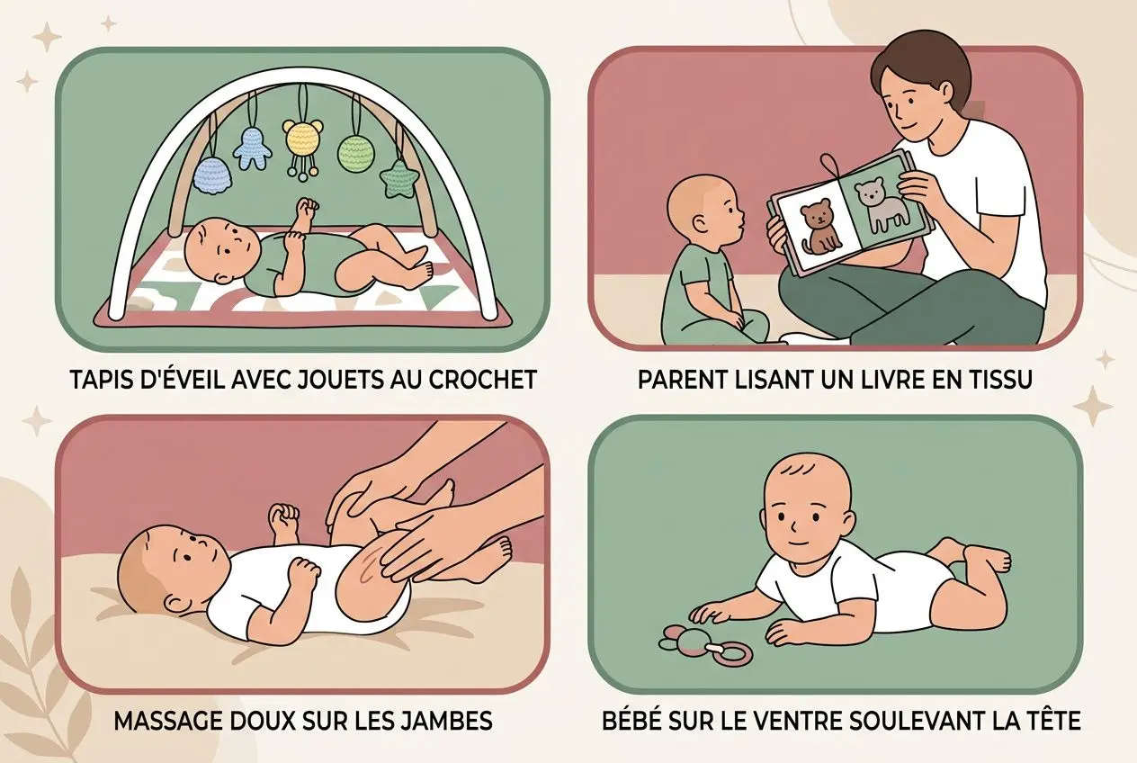 Alt text: Développement bébé 3 mois illustré: tapis d’éveil, parent lisant un livre en tissu, massage doux sur les jambes, bébé sur le ventre levant la tête. Développement bébé 3 mois.