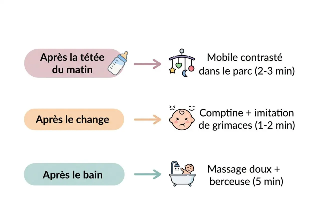 Après la tétée du matin → Mobile contrasté dans le parc (2-3 min) Après le change → Comptine + imitation de grimaces (1-2 min) Après le bain → Massage doux + berceuse (5 min)