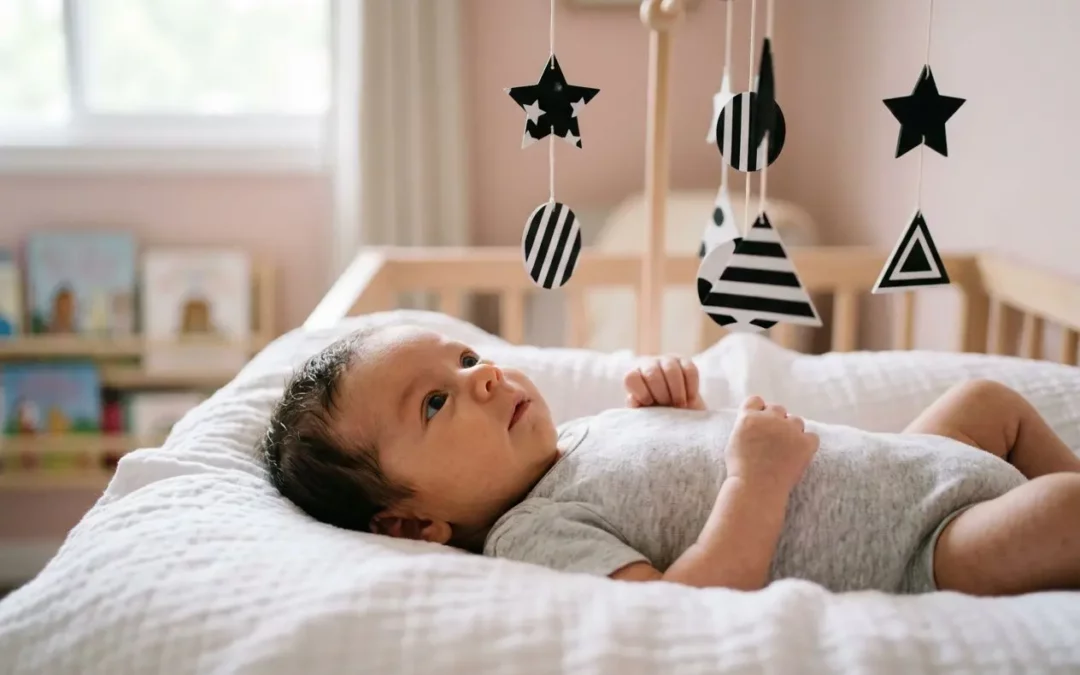 Bébé de 1 mois allongé dans son lit, regardant les formes colorées suspendues au mobile au-dessus.