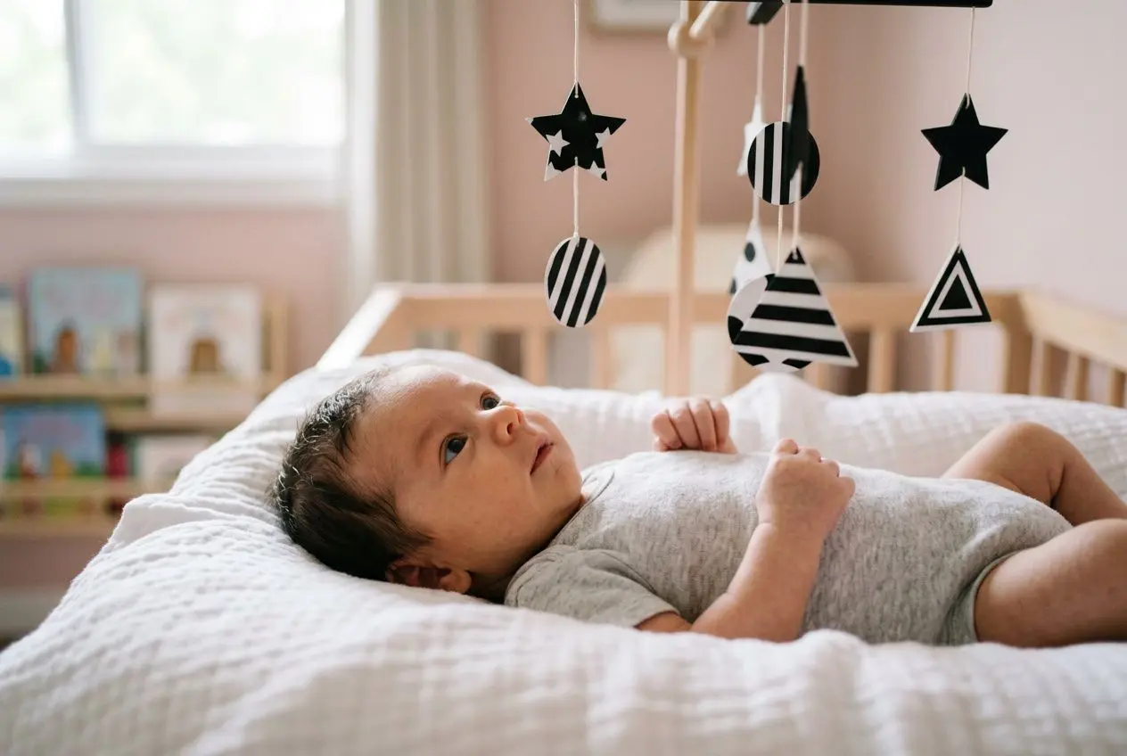 Bébé de 1 mois allongé dans son lit, regardant les formes colorées suspendues au mobile au-dessus.