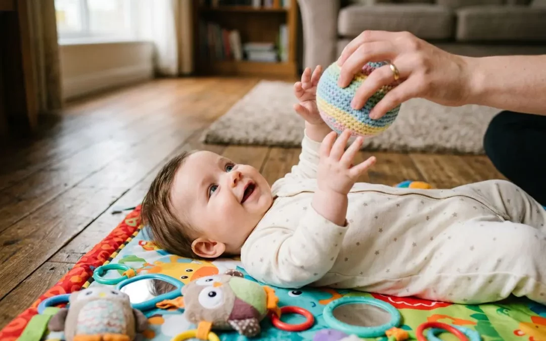 Bébé de 3 mois sur tapis d’éveil coloré, riant, main ouverte vers une balle offerte par un adulte, jouets autour. Développement bébé 3 mois.
