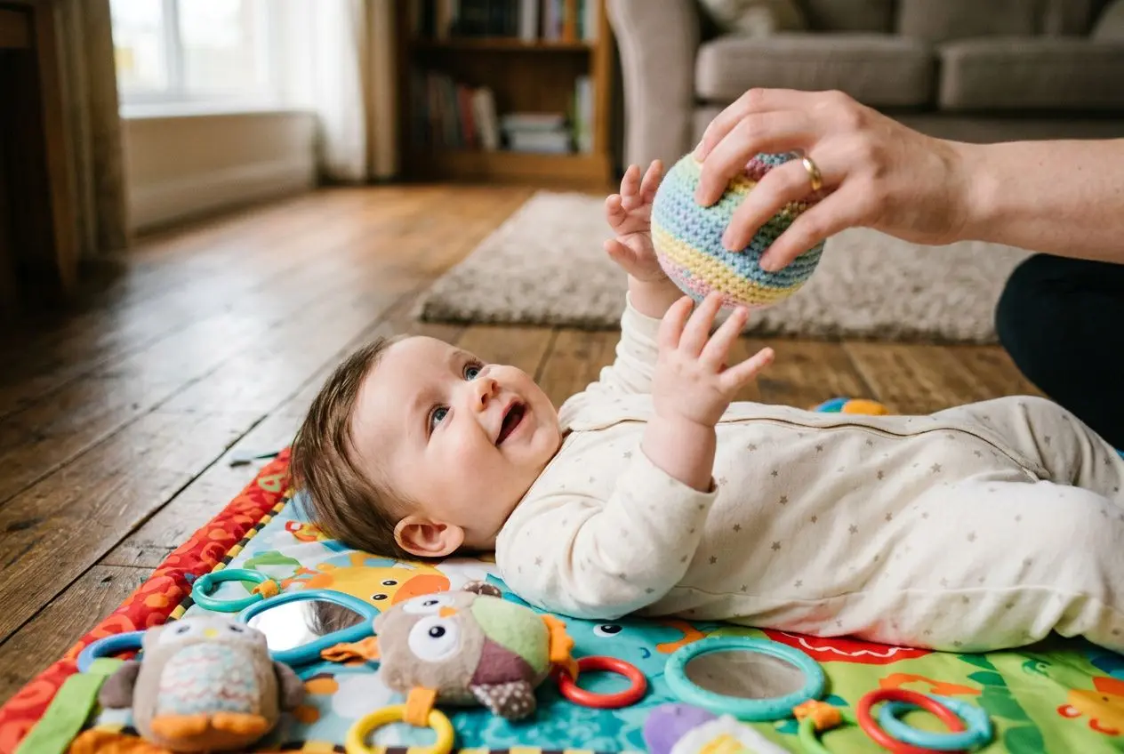 Bébé de 3 mois sur tapis d’éveil coloré, riant, main ouverte vers une balle offerte par un adulte, jouets autour. Développement bébé 3 mois.