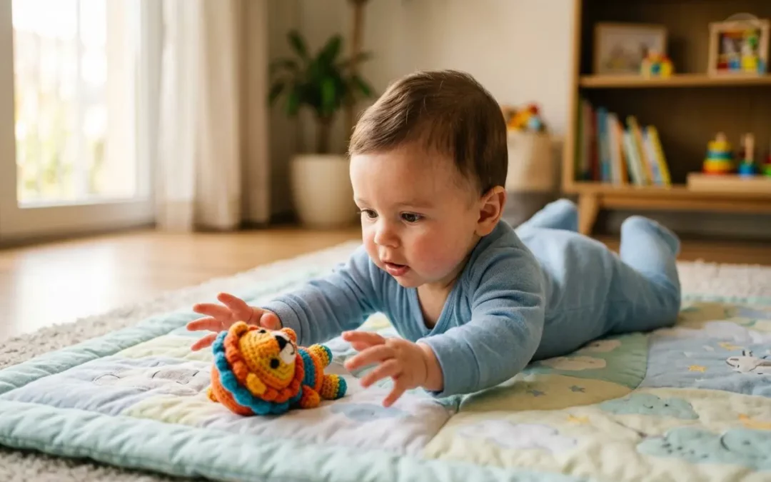 Bébé de 5 mois sur un tapis d’éveil, tendant les mains vers un jouet coloré posé devant lui dans un salon lumineux. activites bébé 5 mois.