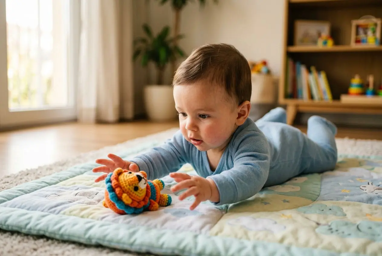 Bébé de 5 mois sur un tapis d’éveil, tendant les mains vers un jouet coloré posé devant lui dans un salon lumineux. activites bébé 5 mois.