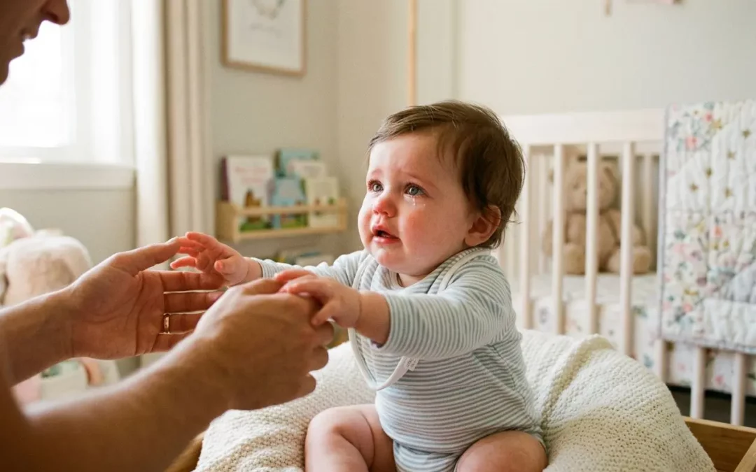 Bébé de 9 mois en striped body demande les mains d’un adulte, assis sur un matelas douillet, dans une chambre lumineuse. Crise des 9 mois bébé, anxiété et besoin de rassurance visibles.
