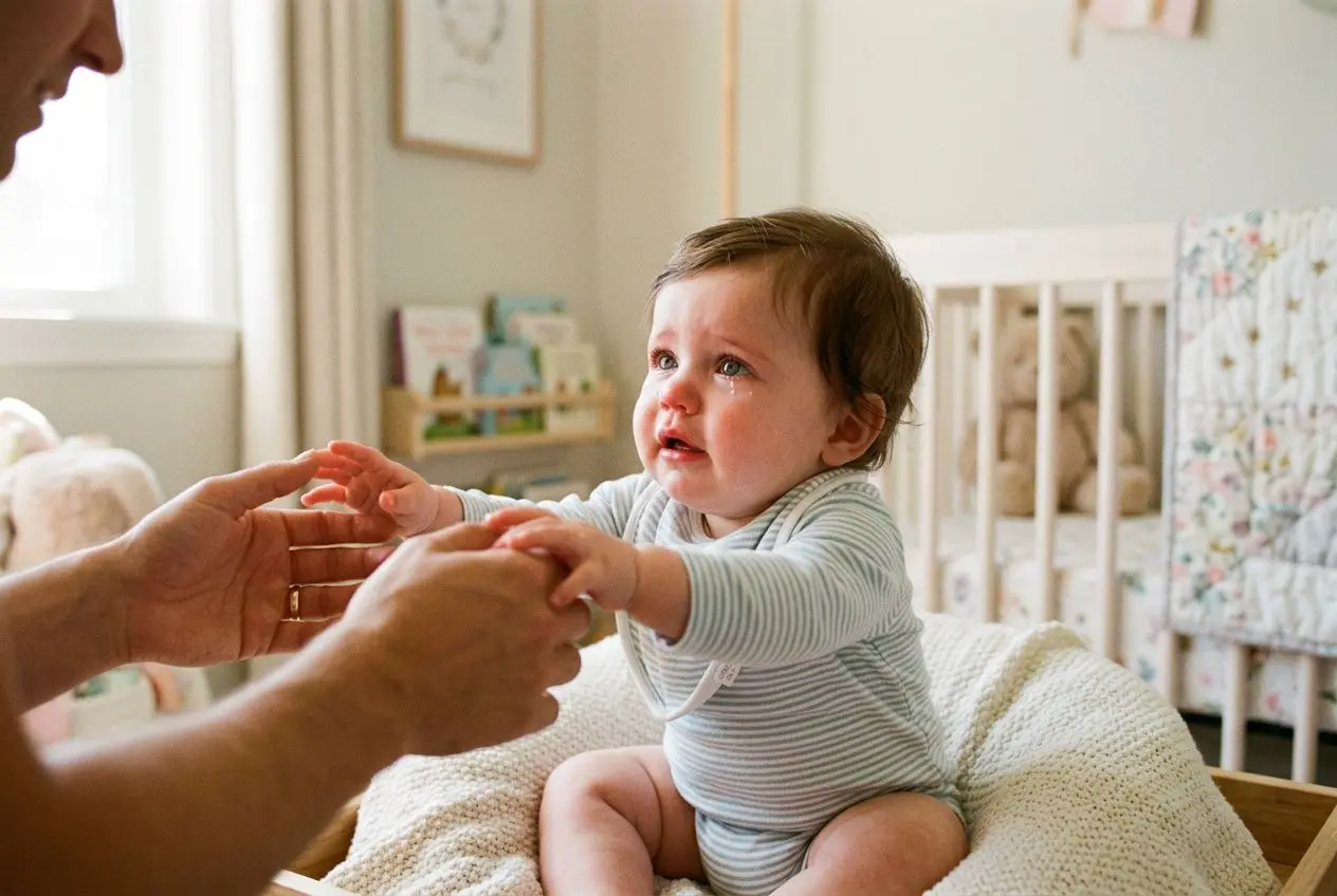 Bébé de 9 mois en striped body demande les mains d’un adulte, assis sur un matelas douillet, dans une chambre lumineuse. Crise des 9 mois bébé, anxiété et besoin de rassurance visibles.