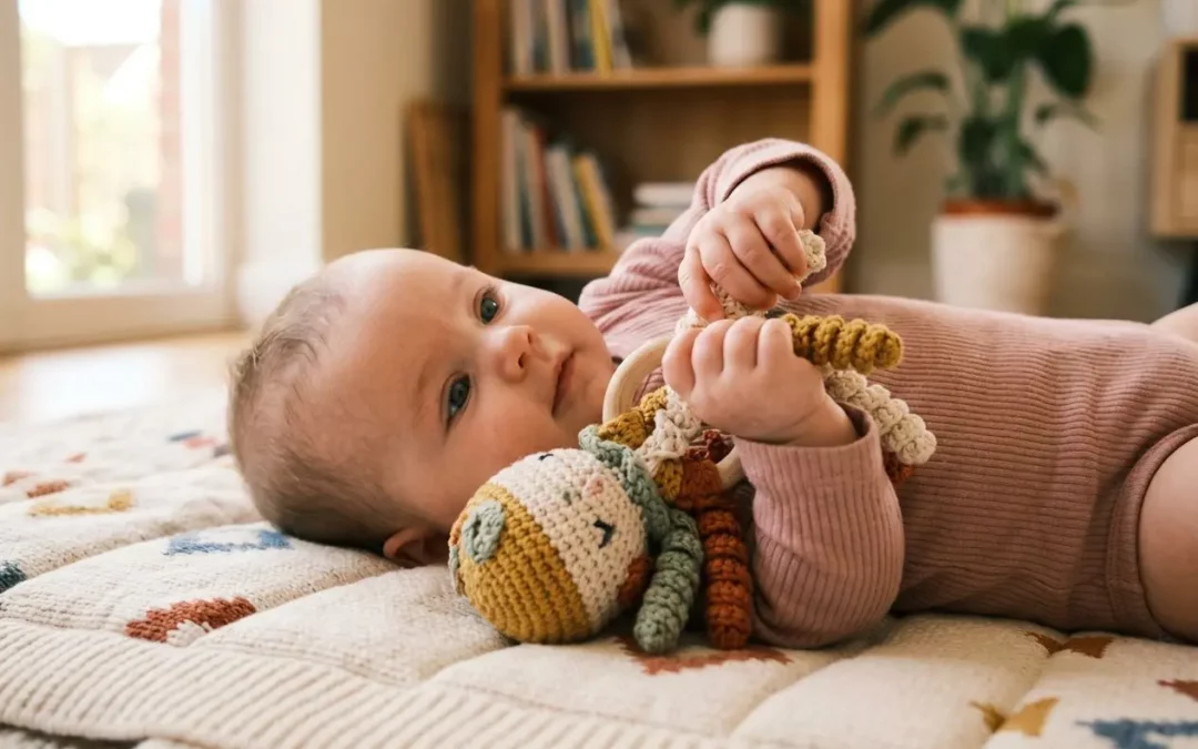 Bébé en layette rose jouant avec un hochet crocheté sur un tapis douillet, ambiance domestique chaleureuse. jeu libre enfant intégrant le thème.