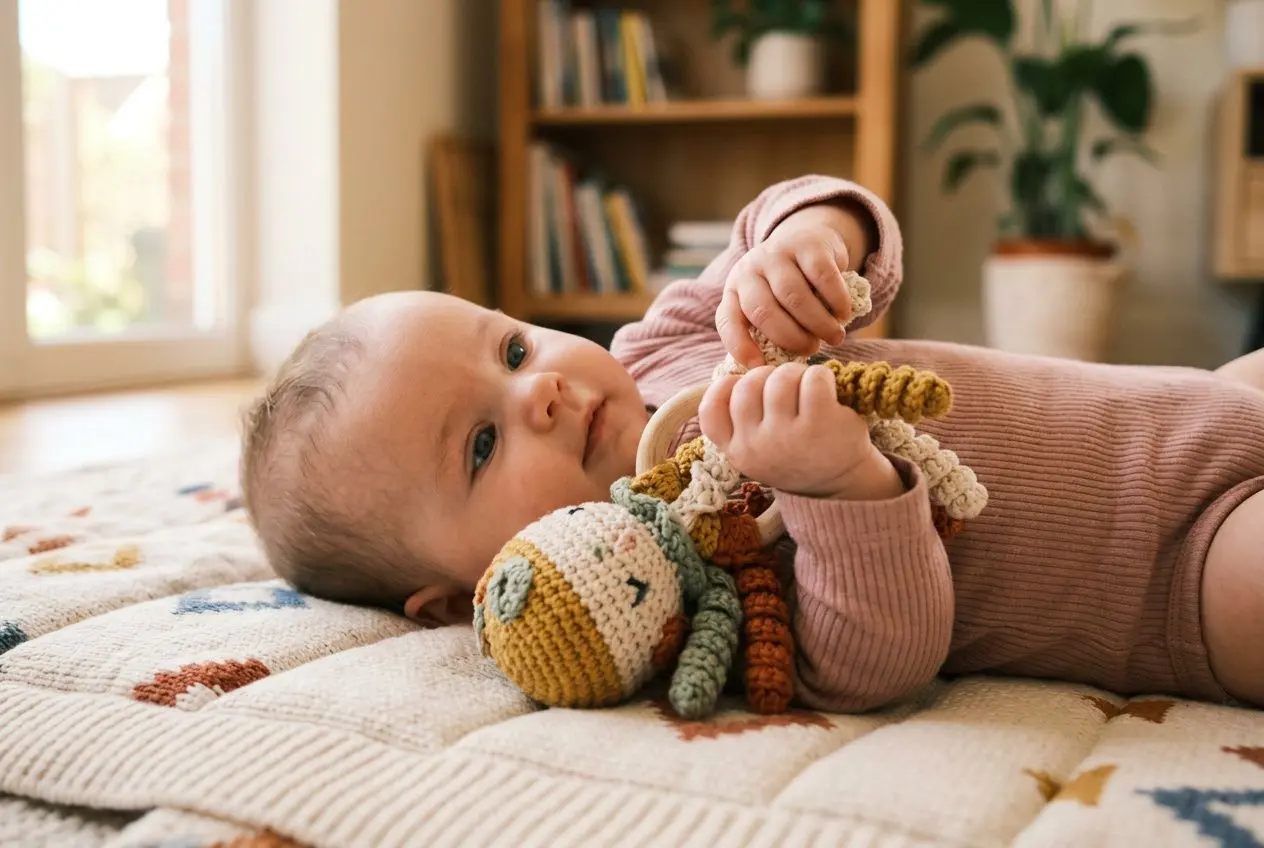 Bébé en layette rose jouant avec un hochet crocheté sur un tapis douillet, ambiance domestique chaleureuse. jeu libre enfant intégrant le thème.