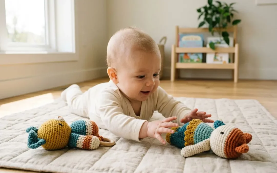 Bébé sur le ventre sur un tapis, jouant avec des peluches colorées et un illustré meuble en arrière-plan. intégration du mot-clé: comment encourager le jeu libre est naturel.