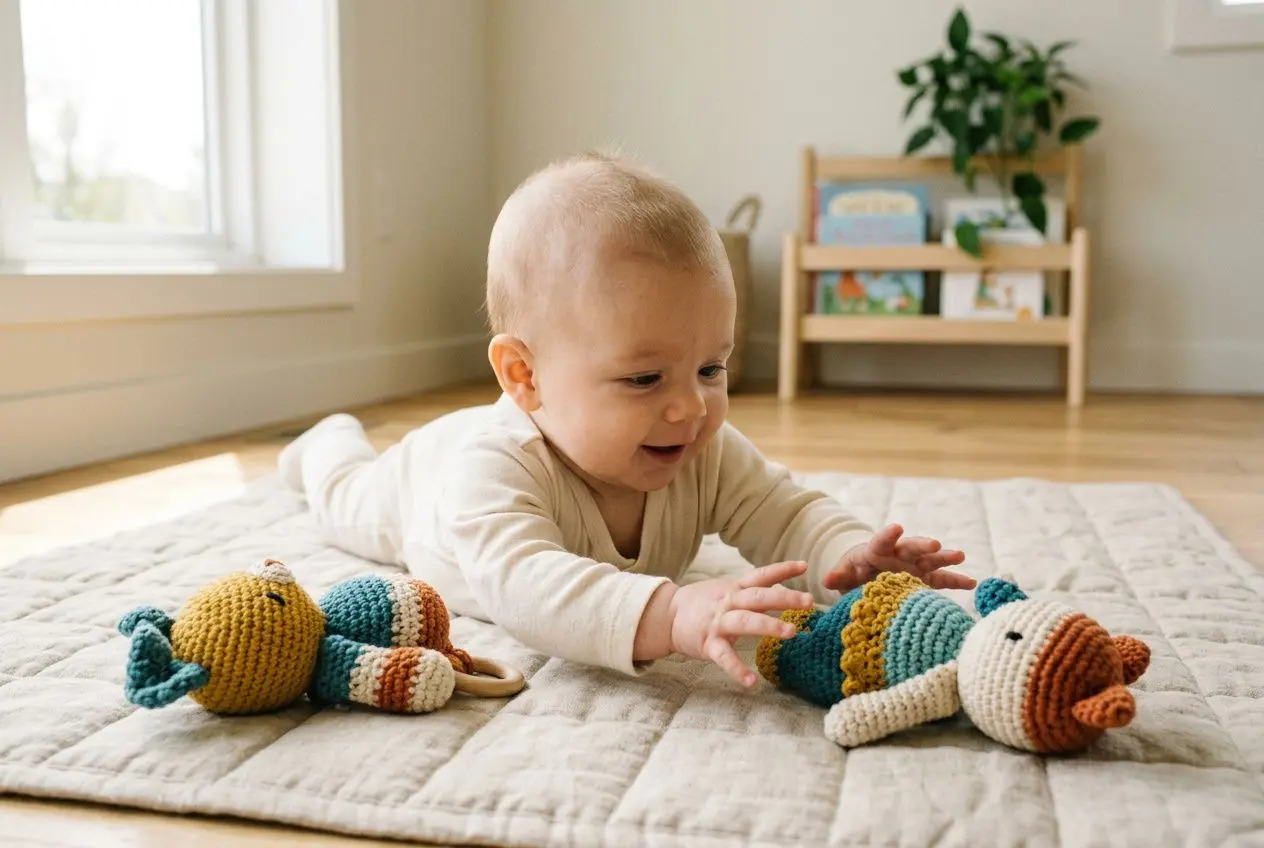 Bébé sur le ventre sur un tapis, jouant avec des peluches colorées et un illustré meuble en arrière-plan. intégration du mot-clé: comment encourager le jeu libre est naturel.