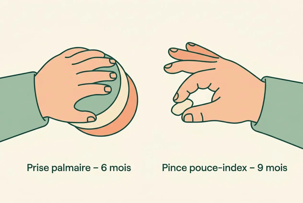 Deux mains démontrant des gestes de motricité fine: prise palmaire à 6 mois et pince pouce-index à 9 mois.