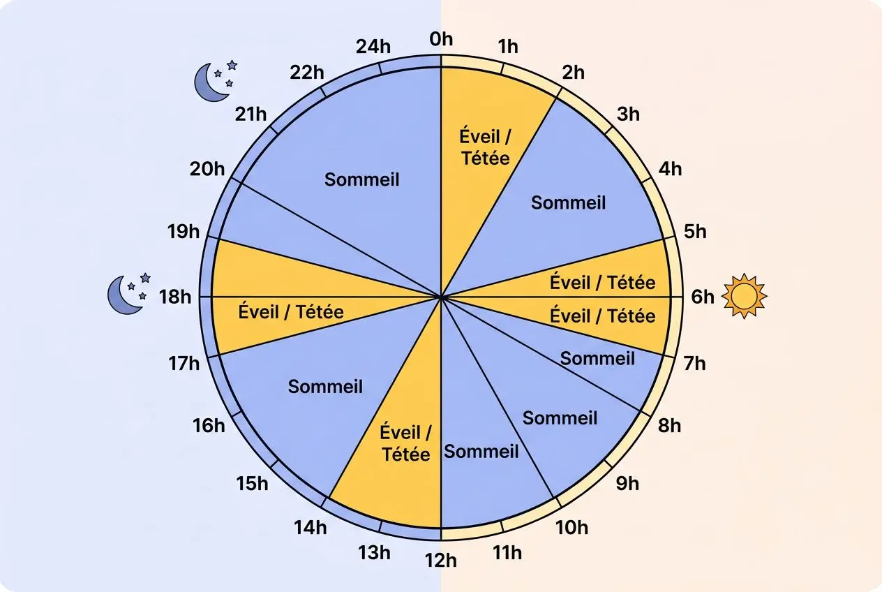 Diagramme circulaire jour-nuit du sommeil et éveil d’un nouveau-né, 0–24h, avec segments “Sommeil” et “Éveil / Têtée” représentants les cycles. Inclut soleil et lune. Intègre le sujet nouveau-né 1 semaine selon le contexte.