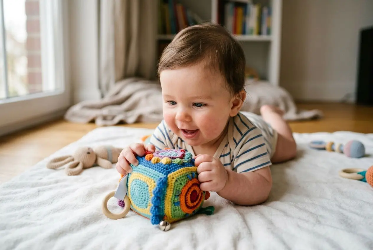 Enfant bébé sur le ventre, heureux, manipulant une cube d’activités coloré pour stimuler les activités de motricité fine pour les bébés.