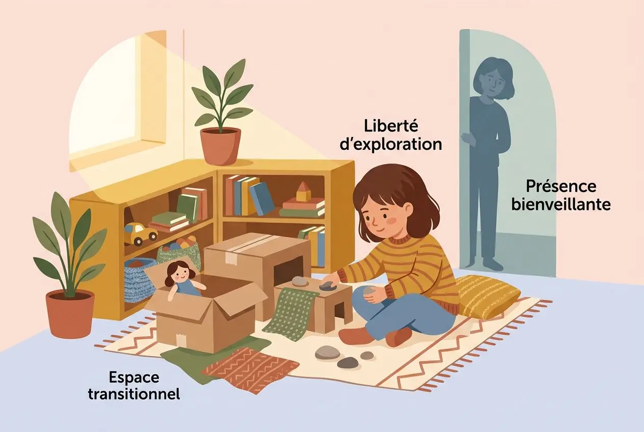 Enfant en jeu libre enfant, explorant librement un espace de jeu avec blocs et peluches, présence bienveillante à distance, espace transitionnel et objets à manipuler.