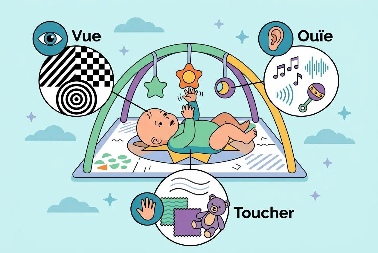Enfant dans un surtout d’éveil: un bébé de 1 mois sur un tapis parc avec arches colorées, touchant des peluches, regardant des mobiles musicaux et des textures sensorielles. Comment stimuler un bébé de 1 mois, éveil et activités.