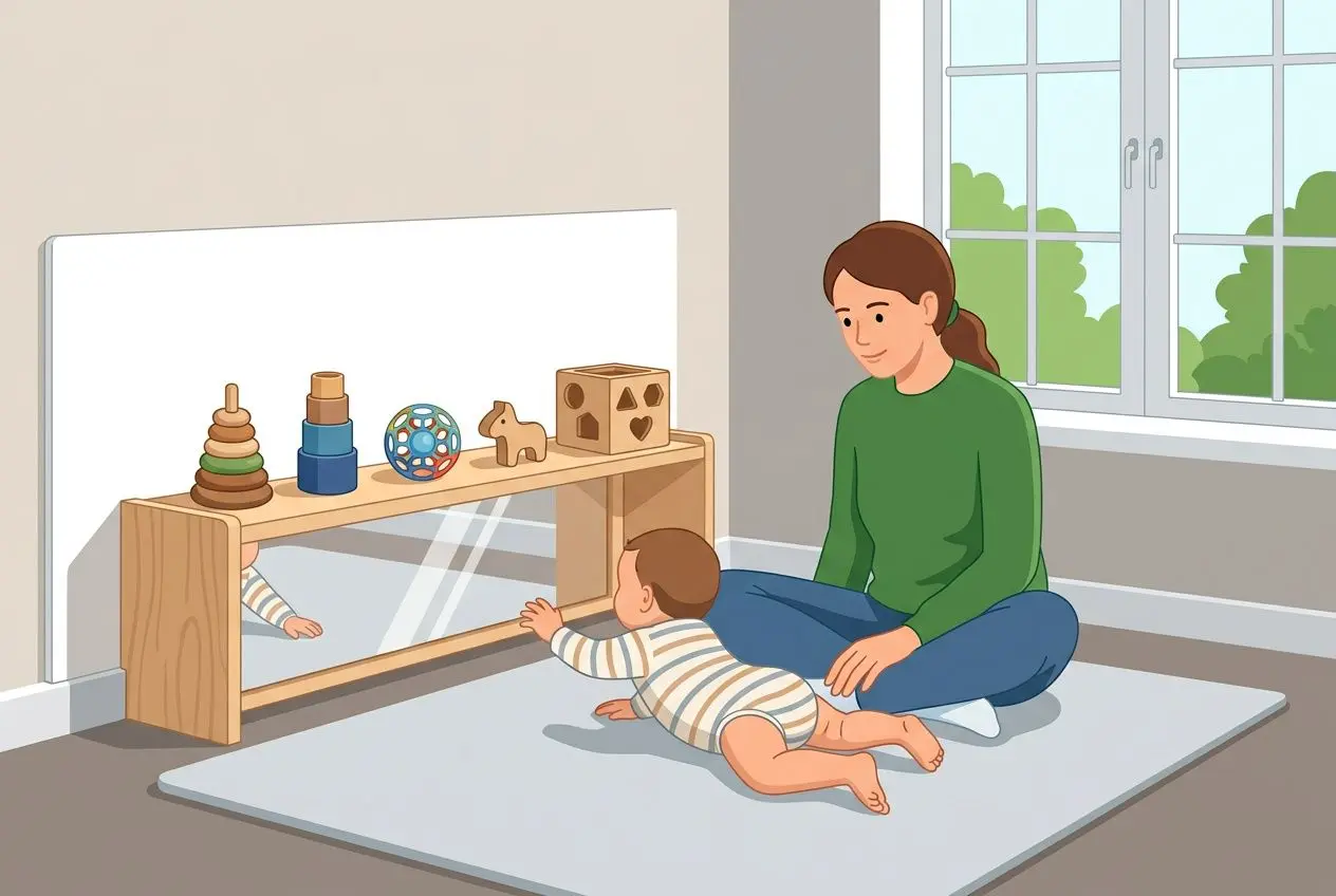Enseignant bébé lors d’une stimulation bébé Montessori, une mère assise près du tapis observe bébé explorant les jouets sensoriels Montessori sur un miroir et étagère.