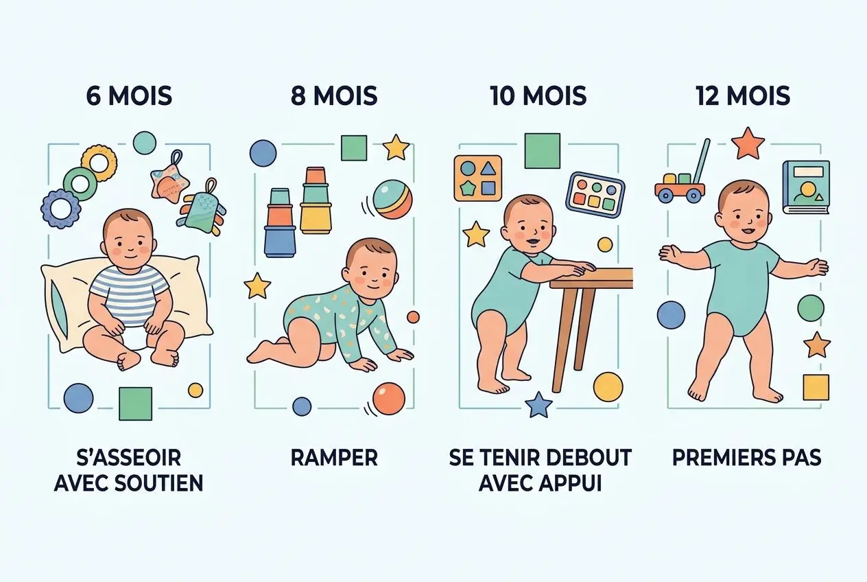 Évolution bébé mois par mois : 6, 8, 10 et 12 mois montrant s’asseoir avec soutien, ramper, se tenir debout avec appui et premiers pas.