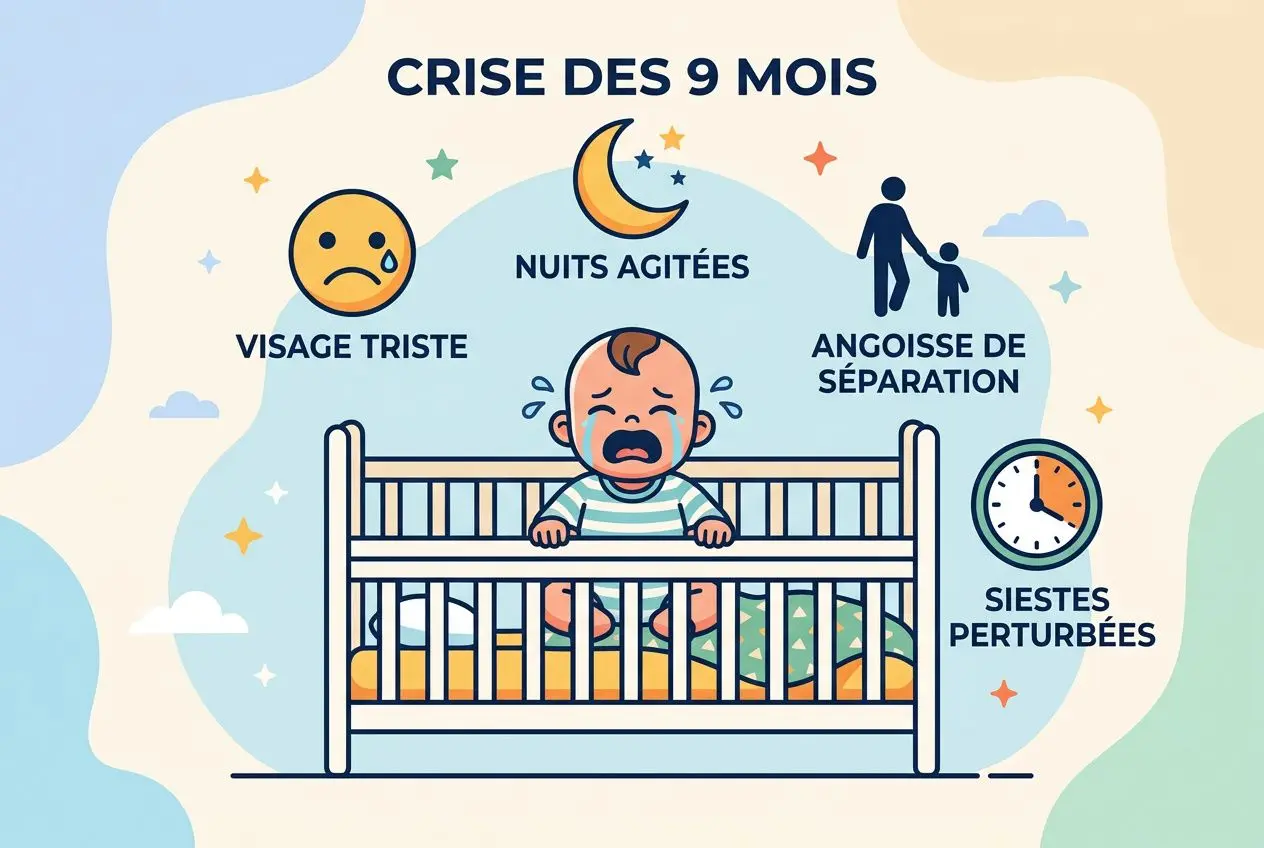 Illustration sur la crise des 9 mois bébé : bébé qui pleure dans un lit, visage triste, entouré d’icônes « visages tristes », « nuits agitées », « angoisse de séparation » et « siestes perturbées » pour décrire la crise des 9 mois bébé.
