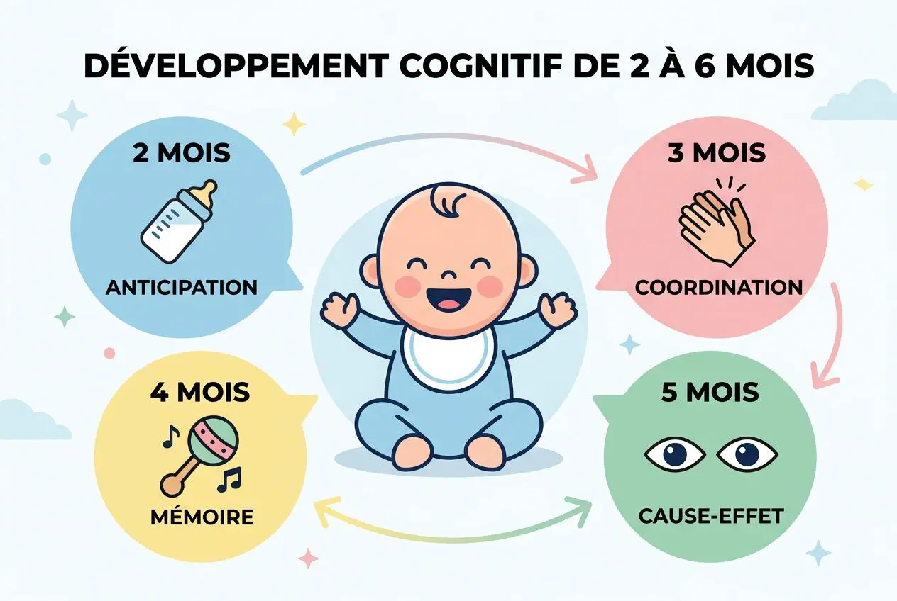 Illustration pédagogique montrant le développement cognitif de 2 à 6 mois avec bébé central, bulles: 2 mois anticitation, 3 mois coordination, 4 mois mémoire, 5 mois cause-effet. Développement cognitif bébé 0-9 mois.