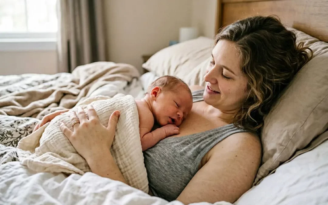 Mère allongée au lit avec son bébé enveloppé dans une couverture, sourire tendre et regard doux sur le nourrisson. Développement cognitif bébé 0-9 mois évoqué.