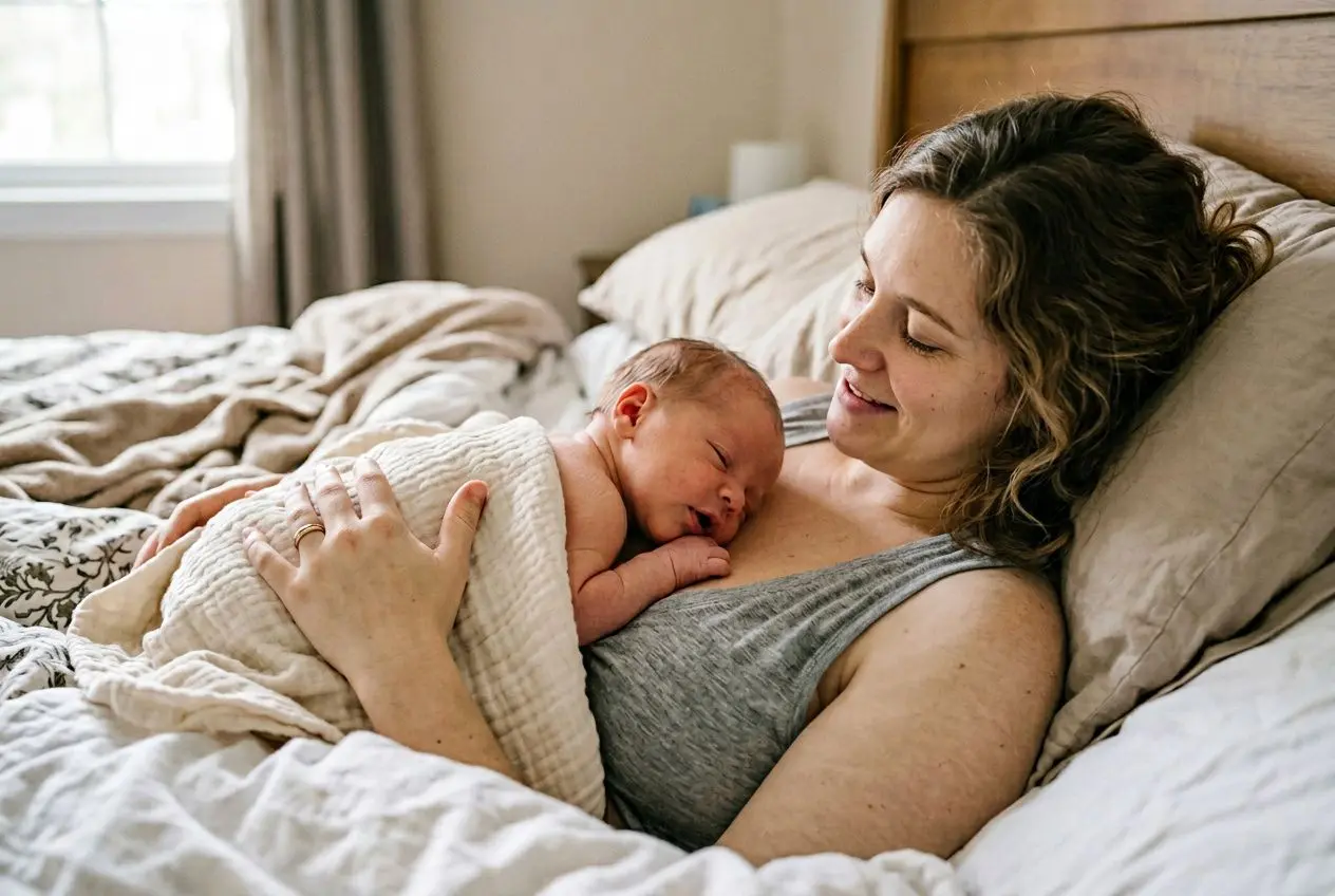 Mère allongée au lit avec son bébé enveloppé dans une couverture, sourire tendre et regard doux sur le nourrisson. Développement cognitif bébé 0-9 mois évoqué.