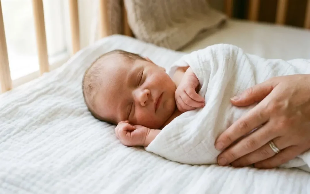 Nouveau-né à 1 semaine dormant paisiblement dans les bras d’un parent, enveloppé dans une couverture blanche.