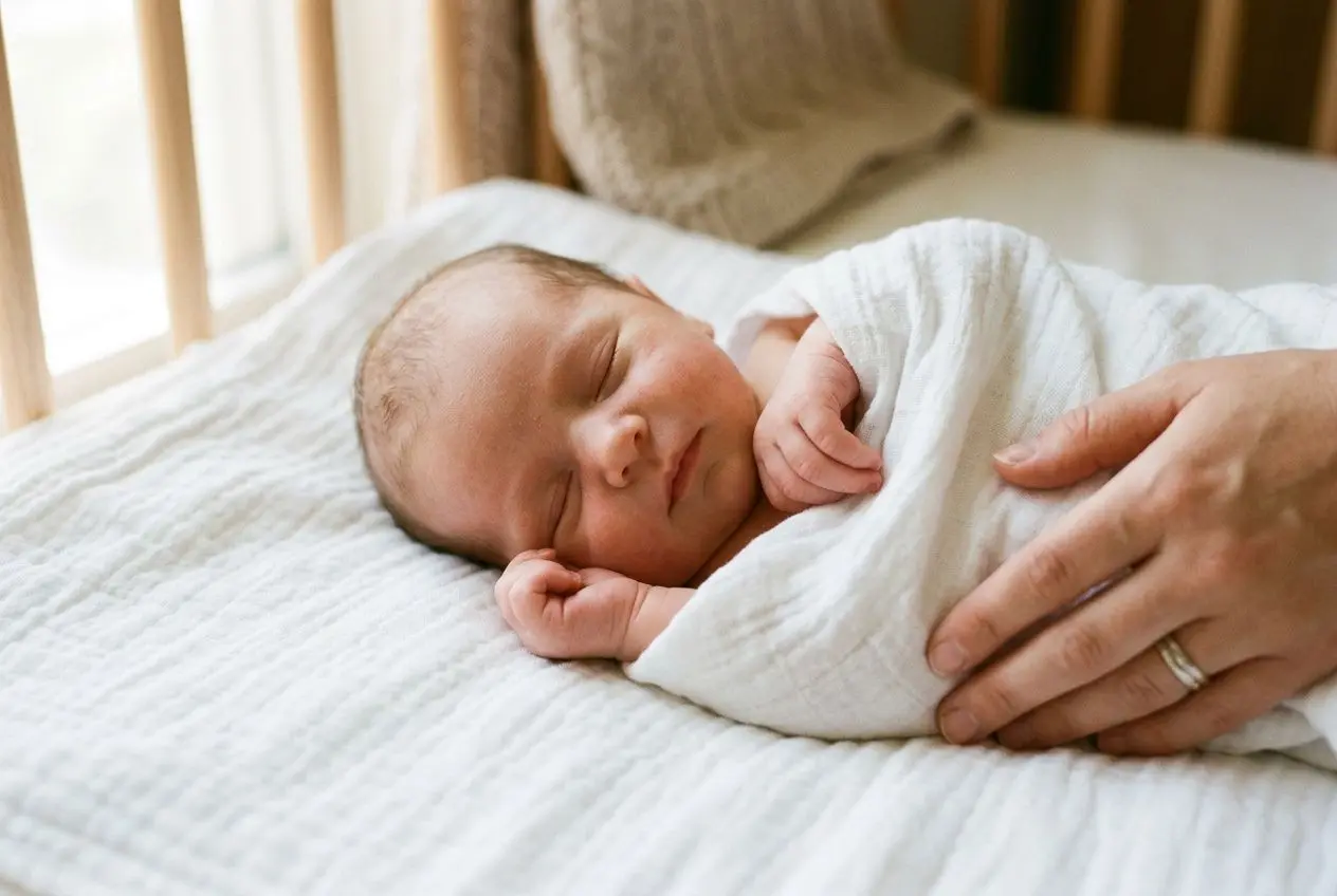 Nouveau-né à 1 semaine dormant paisiblement dans les bras d’un parent, enveloppé dans une couverture blanche.