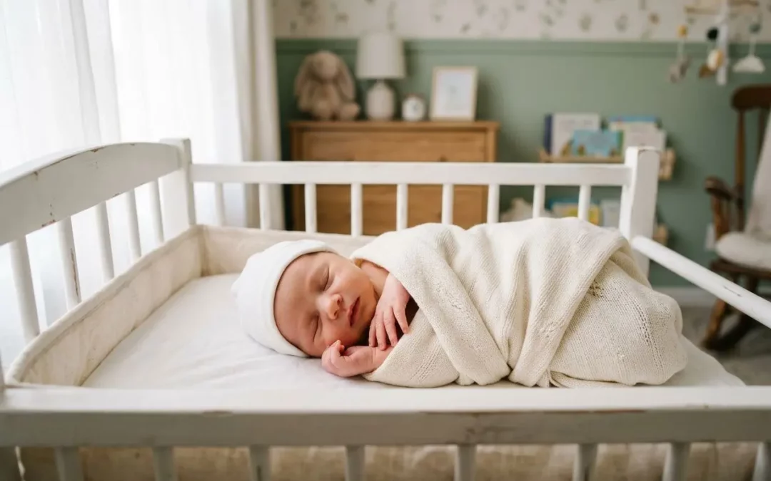 Nouveau-né endormi dans un lit bébé blanc, enveloppé dans une couverture légère, dans une chambre paisible et décorée. Evolution bébé mois par mois.