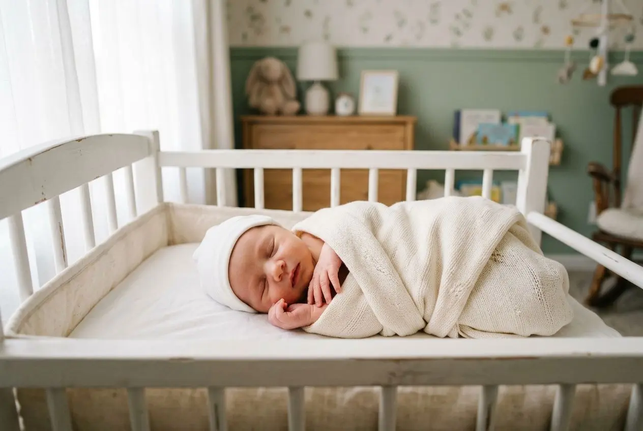 Nouveau-né endormi dans un lit bébé blanc, enveloppé dans une couverture légère, dans une chambre paisible et décorée. Evolution bébé mois par mois.